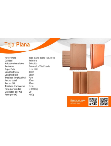 TEJA PLANA LISA COLONIAL ROJA 20X35 