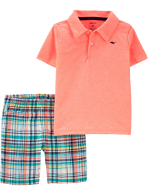 Conjunto de pantalón corto a cuadros y polo flameado de neón de 2 piezas "	Carter´s
